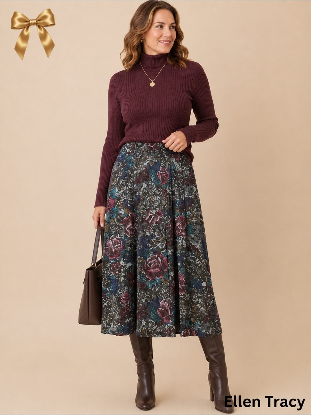 Vintage Linda Allard for Ellen Tracy Wool Silk Floral Pleated Midi Skirt Size 8